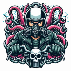 A menacing biker wearing a gas mask and leather jacket rides a motorcycle with a skull emblem, surrounded by chains and tentacles.