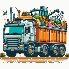 Stylized illustration of a truck loaded with a bountiful harvest, representing agriculture, industry, and transportation.