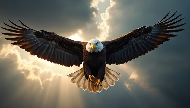 Bald eagle flies with open wings against dramatic cloudy sky. Sun rays break through dark clouds. Bird looks forward with intense gaze, predator hunting. Symbol of power, freedom, natural wildlife,