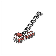 Red fire truck with extended ladder in isometric view