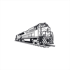 Black and white illustration of a modern diesel locomotive on railroad tracks
