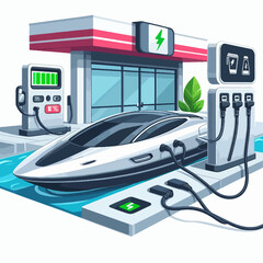 Futuristic electric vehicle charging at a modern, sleek station with multiple charging points and a clean design.