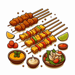 An illustration of various grilled skewers with meat and vegetables, served with dipping sauces, lime, and a side salad.