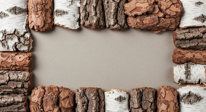 Rectangular frame of birch and tree bark pieces on neutral background, creating a rustic, natural border with blank central space ideal for text or logo placement