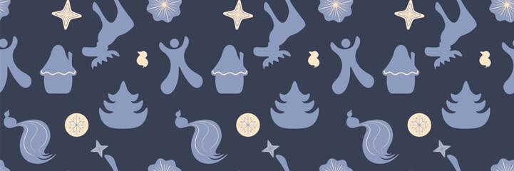 Modern seamless vector pattern of winter holiday silhouettes: Christmas trees, stars and stylized figures in a chic dark blue and slate palette, perfect for premium wrapping paper or textile print.