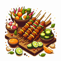A vibrant illustration of delicious grilled meat and vegetable skewers served with fresh salad, pickled cucumbers, and dipping sauce on a wooden board.