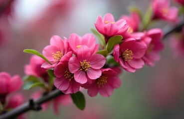 Fototapeta premium Close up vibrant pink spring blossoms on tree branch. Delicate petals open on flowering plant with green leaves. Soft background bokeh creates peaceful natural scene.