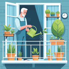 An elderly man with a white beard waters various potted plants on a sunny balcony, enjoying his gardening hobby.