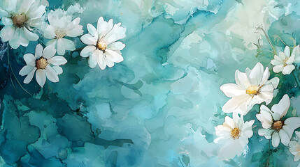 A painting of a blue background with white flowers