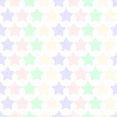 A sweet, minimalist seamless pattern featuring soft, rounded stars in a gentle pastel palette of purple, pink, green, and yellow, ideal for baby shower digital paper or nursery textile design.