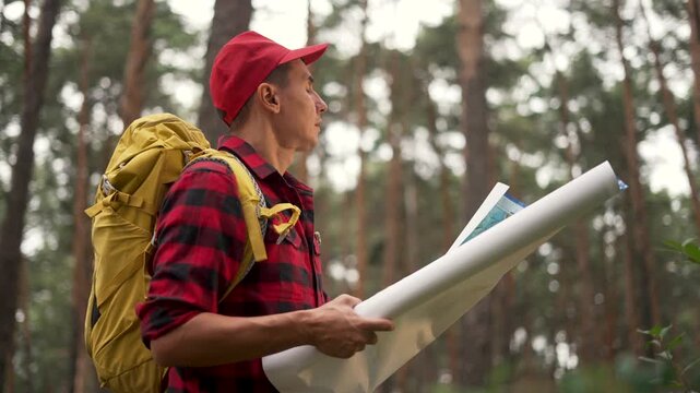 Hiker exploring forest with map man in red cap studies map while standing among pine tree trunks navigation on trail planning in nature with plaid shirt and yellow backpack near path with compass