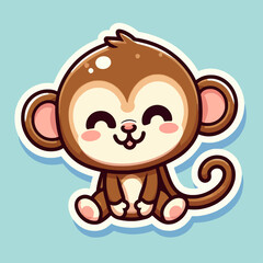 Fototapeta premium A cute cartoon baby monkey with big eyes and a happy smile, sitting on a light blue background.