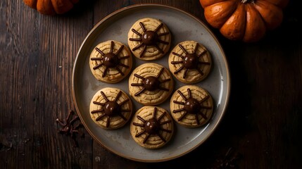 Fototapeta premium Homemade Peanut Butter Cookies with Chocolate Spider Decoration , Spooky Halloween Treat for Kids and Party Snack 