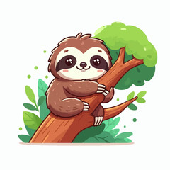 Naklejka premium A cute cartoon baby sloth with big eyes smiling and hugging a tree branch in a lush green jungle environment.