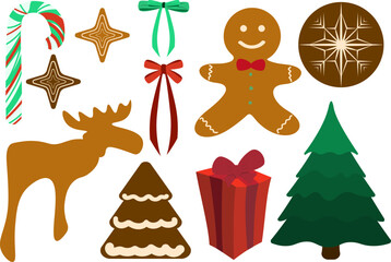 Cozy Christmas vector clip art bundle featuring traditional elements like a gingerbread man, moose, holiday treats, and festive bows, perfect for seasonal crafting and digital designs.