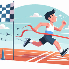 A cartoon illustration of a young man running towards the finish line, celebrating victory.