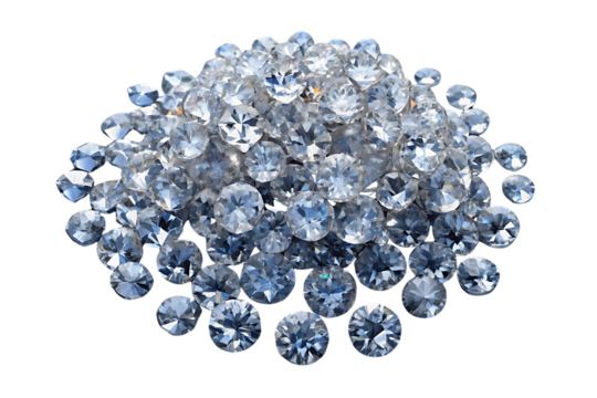 Sparkling pile of brilliant cut diamonds with faceted surfaces reflecting light creating luxurious gemstone collection, isolated on a transparent background