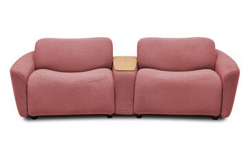 Obraz premium Modern two seater pink boucle sofa with wooden tray table