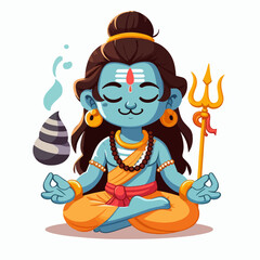 Cartoon illustration of Lord Shiva meditating with a trident and a water droplet.