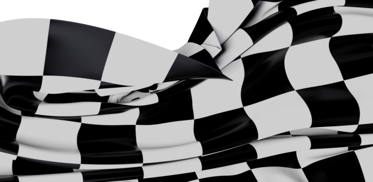 Dynamic shot of a black and white checkered flag billowing against a plain white background, symbolizing racing, finish lines, and competition.