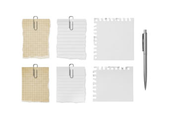 Six fanned torn paper notes (grid, lined, blank, aged sepia, bright white) with silver clips, minimalist pen, transparent background, conveying organizational clarity