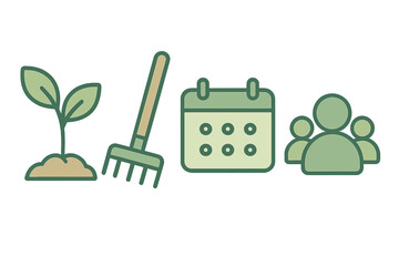 Gardening teamwork schedule icons featuring seedling and rake