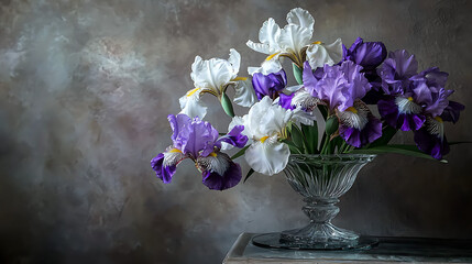 A vase of purple and white flowers sits on a table