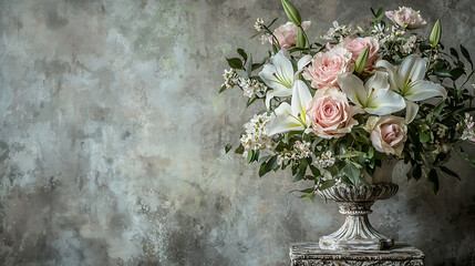 A vase of flowers sits on a table in front of a wall