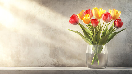 A vase of tulips sits on a shelf in front of a wall
