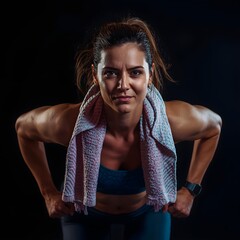 Determined Sweaty Female Athlete Leaning Forward Post Workout with Towel