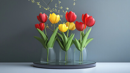 A vase of flowers with three different colored flowers in it