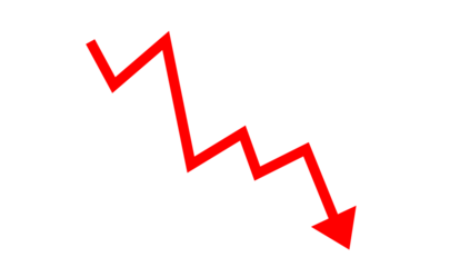 Red zigzag arrow pointing downward representing decline, loss, decrease, and negative trend for business, finance, and infographic design