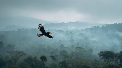 Great hornbill flying over misty forest landscape wildlife photography birdwatching adventure travel nature scene