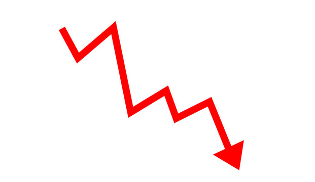 Red zigzag arrow pointing downward representing decline, loss, decrease, and negative trend for business, finance, and infographic design