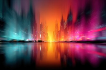 Fototapeta premium Vibrant city skyline illuminated by colorful lights at dusk reflecting in the river