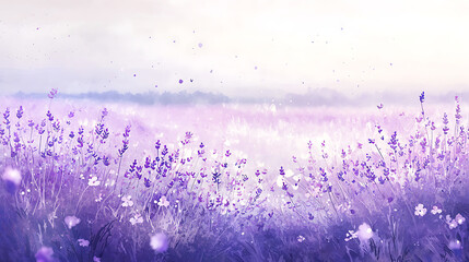 A field of lavender flowers with a light blue sky in the background