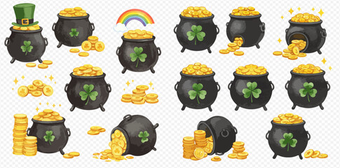A collection of watercolor illustrations featuring black pots of gold coins with shamrocks, leprechaun hats, and rainbows, symbolizing St. Patrick's Day luck and treasure.