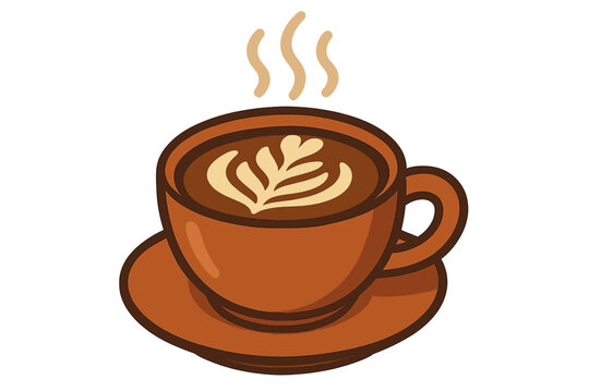 Steaming hot coffee cup with delicate latte art on saucer