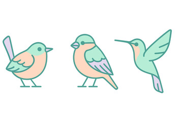 Three stylized cute birds including a hovering hummingbird icon