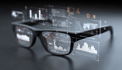 Futuristic smart glasses showcasing projected data visualizations against a blurred, dark background