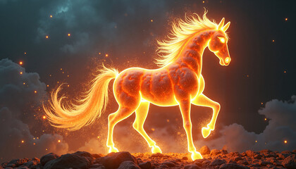Obraz premium Fantasy-inspired abstract fire horse made of magical flames and glowing particles, cosmic background