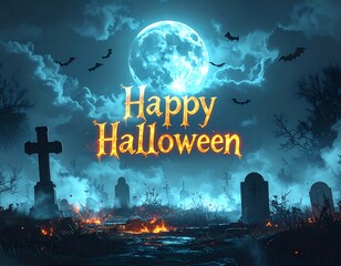 Vintage horror silhouette poster illustration of a happy Halloween party celebration on a grunge background with a cemetery and city sky under a full moon