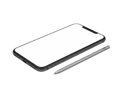 Sleek dark grey smartphone with blank screen, minimalist silver stylus, at 45-degree angle on smooth light grey surface, isolated, high-key lighting, no shadows, concept of technology presentation.
