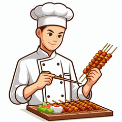 A cartoon illustration of a smiling male chef preparing and arranging grilled skewers on a wooden board with sauce.