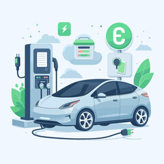 An electric car is shown charging at a charging station, with symbols representing energy and money.