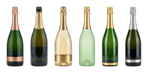 Champagne bottle set including varied green, frosted, and clear glass with gold, silver, and rose foils isolated. Luxury beverage and celebration collection.