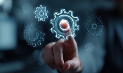 A person's finger interacting with a glowing, digitized cogwheel system in a dark environment