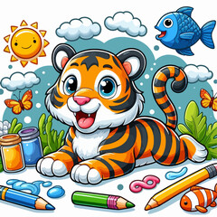A cute cartoon tiger cub with big blue eyes, surrounded by colorful objects and a happy sun.