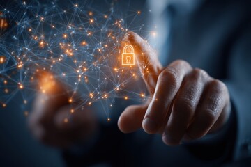 Digital network with glowing lines, a hand touches a padlock symbol in a dark atmosphere