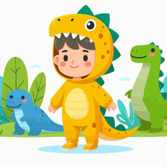 Naklejka premium A cute cartoon illustration of a child dressed in a yellow dinosaur costume, standing with two other cartoon dinosaurs in a lush green environment.